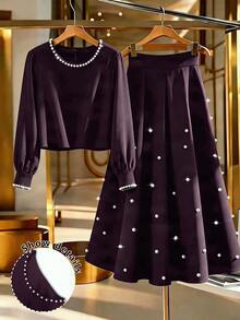 GlowEve CURVE Plus Size Women's Faux Pearl Decor Long Sleeve Blouse And Skirt Elegant Set Fall - Purple - View 1