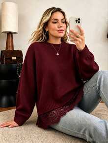 Vionelle Plus Size Women's Solid Color Round Neck Dropped Shoulder Loose Knit Sweater With Lace Hem Splice 2 In 1 Long Sleeve Pullover Winter - Burgundy - View 4