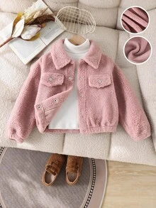 SHEIN Elladie kids 女童毛絨領長袖夾克，彈性下擺與袖口，秋冬保暖外套，現代時尚夾克，適合外出、購物與拍照 - 粉色 - 查看 1
