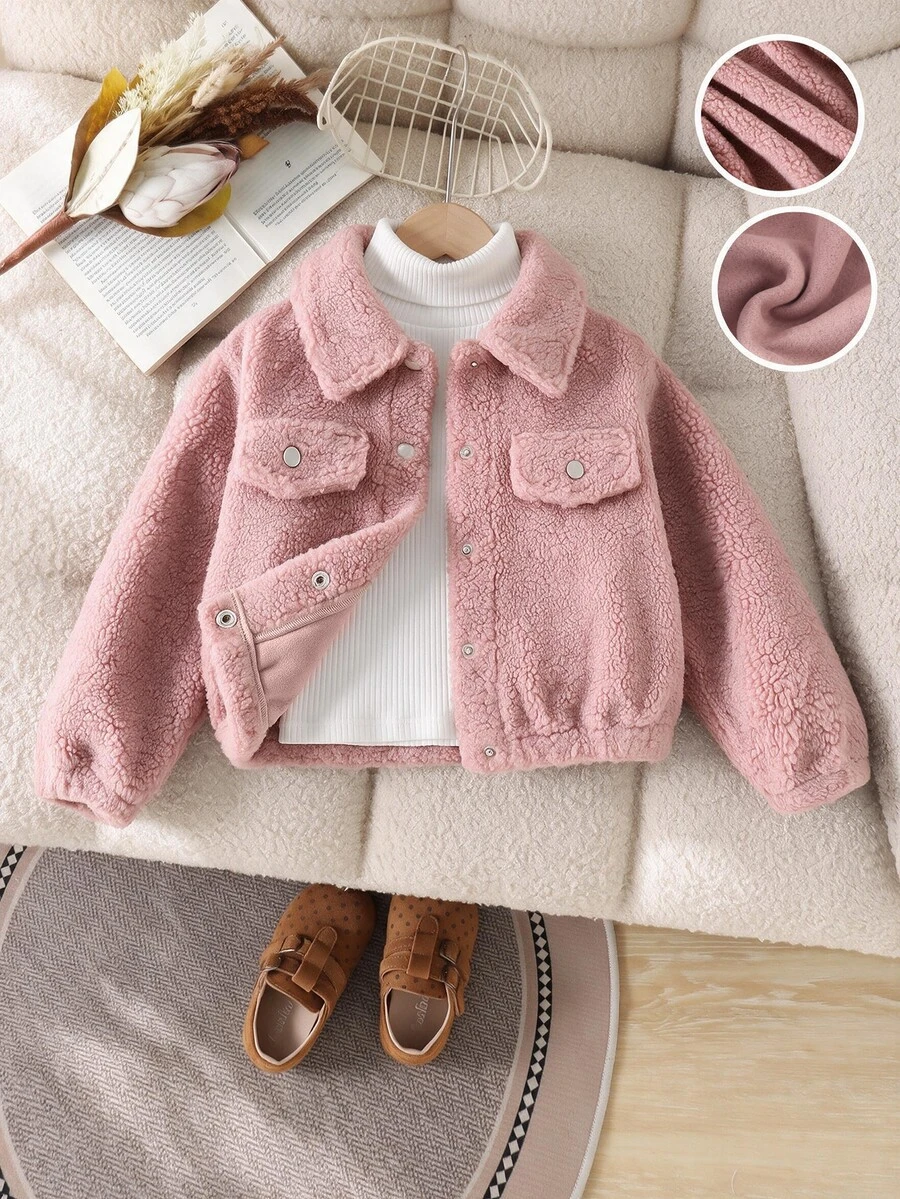 SHEIN Elladie kids 女童毛絨領長袖夾克,彈性下擺與袖口,秋冬保暖外套,現代時尚夾克,適合外出、購物與拍照 - 粉色 - 查看 1