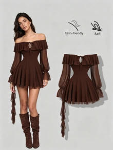 Sweetra Y2K Sexy Off-Shoulder Ruffle Hem Asymmetrical Hemline Versatile Elegant Commute Dress - Coffee - View 1