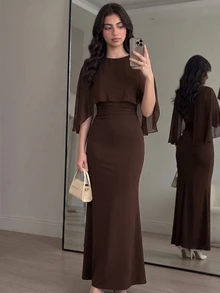 SHEIN Pitira 青少年女孩棕色優雅修身正式禮服，適合婚禮、冬季、秋季、返校季、派對穿著 - 棕色 - 查看 2