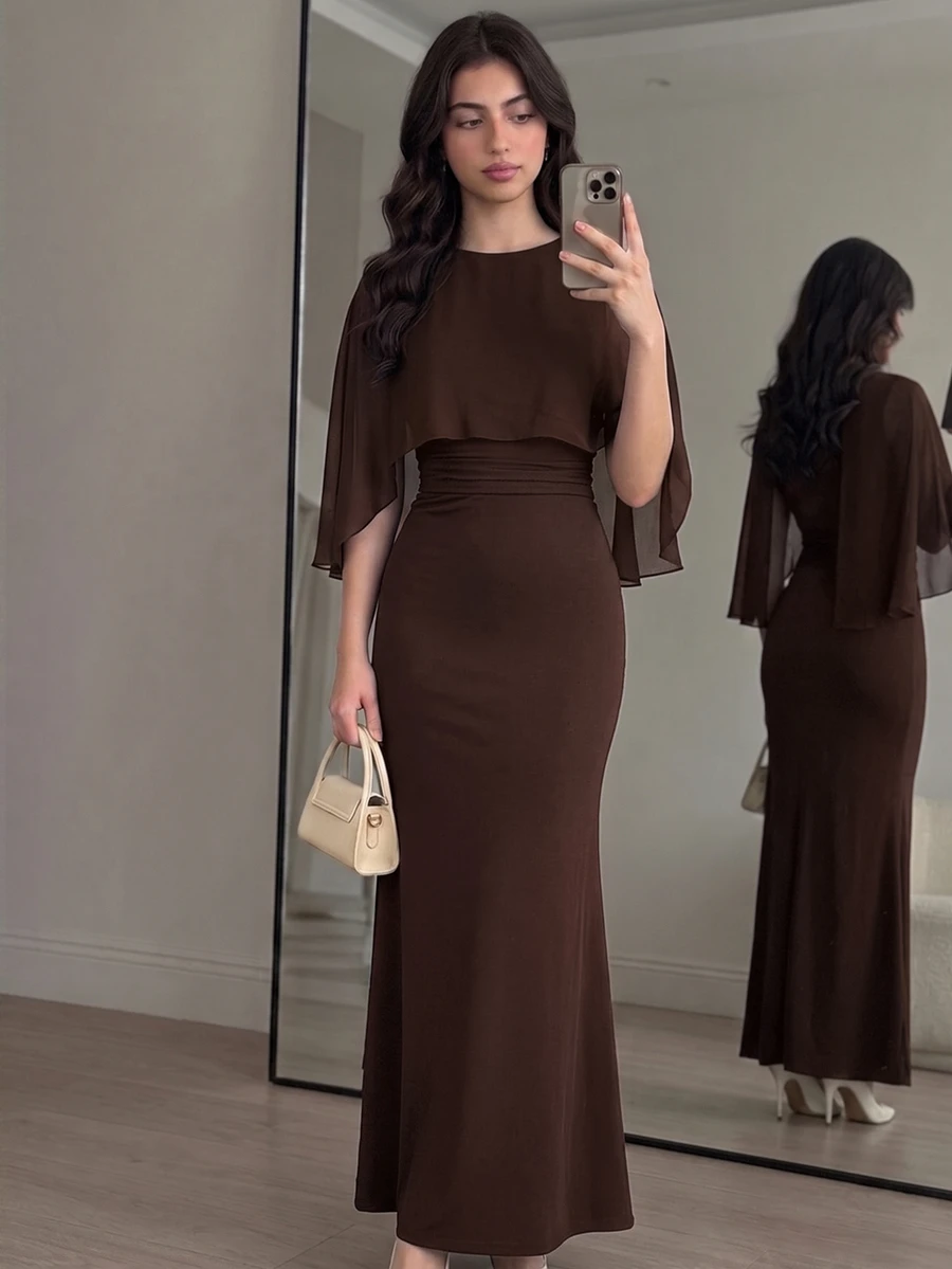 SHEIN Pitira Teen Girls Partywear Brown Elegant Fitted Formal Dress Wedding Winter,Fall,Back To School ,Party - Brown - View 1