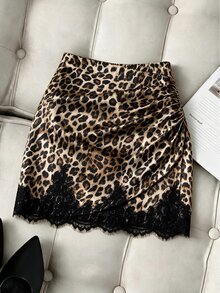 GlowEve CURVE Plus Size Women's Hot-Selling Elegant Classic Leopard Print Lace Patchwork Sexy Fitted Party Short Bodycon Skirt, Minimalist Asymmetrical Ruched Design, Suitable For Party Club Gathering Evening Date Outfit - Multicolor - View 1
