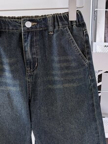 青少年男孩時尚休閒 Y2K 復古水洗設計深藍色寬鬆舒適牛仔褲 - 深色水洗藍 - 查看 4