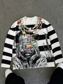 SHEIN 青少年男孩街頭風新款時尚 Y2K 酷感塗鴉手繪嘻哈人像星星圖案英文字母黑白條紋長袖 T 恤，適合秋冬、校園、家庭聚會、開學季、生日派對、攝影、度假、假日，運動風 - 彩色 - 查看 1
