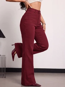 SHEIN Tall 女款高腰直筒寬鬆休閒百搭牛仔褲 - 酒紅色 - 查看 5