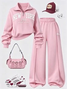 SHEIN Sparklyn 青少年女孩長袖抓絨秋季套裝 2件/套 返校季 酒紅色紐約字母圖案立領衛衣與長褲套裝 - 粉色 - 查看 1