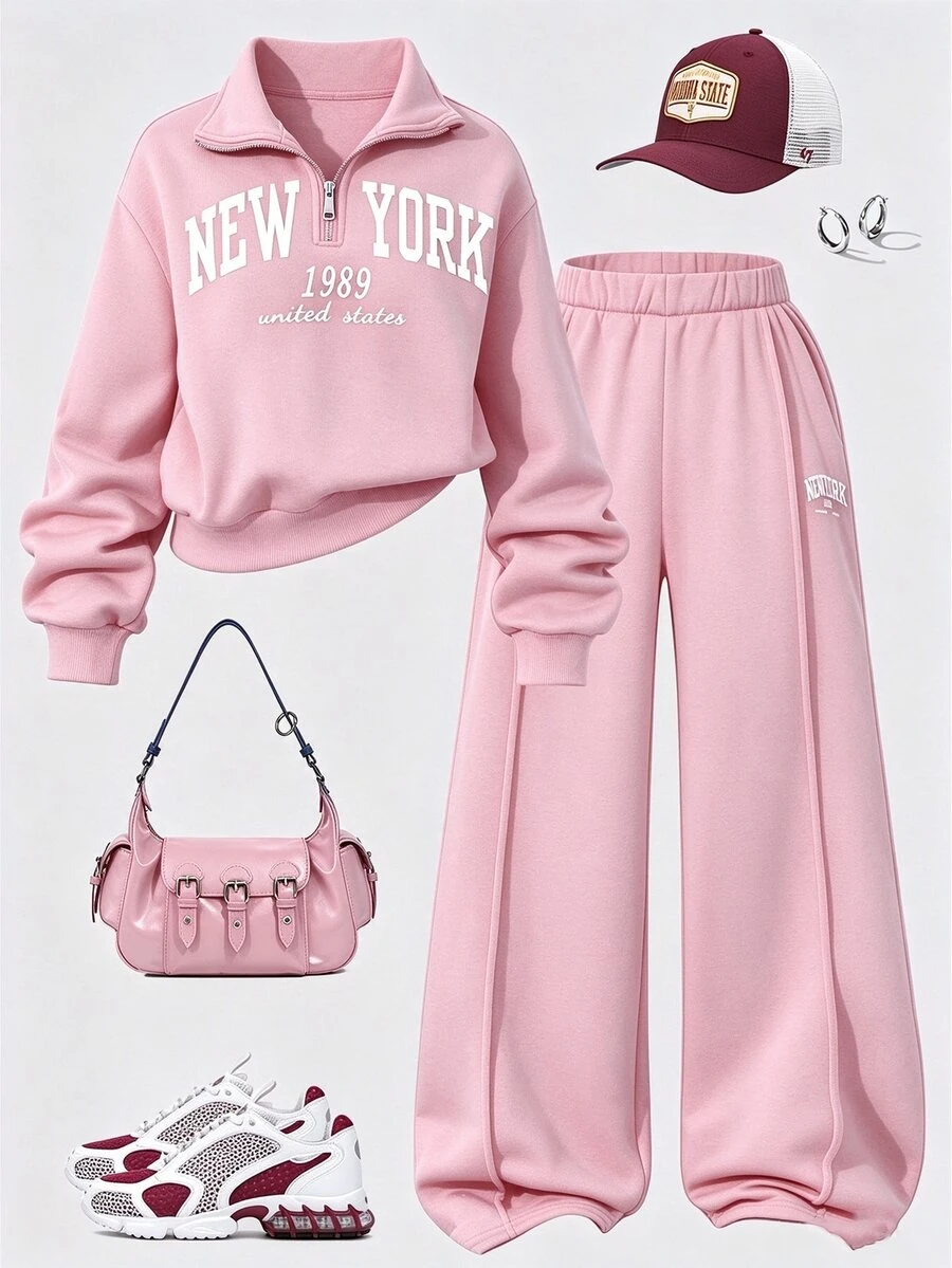 SHEIN Sparklyn 青少年女孩長袖抓絨秋季套裝 2件/套 返校季 酒紅色紐約字母圖案立領衛衣與長褲套裝 - 粉色 - 查看 1