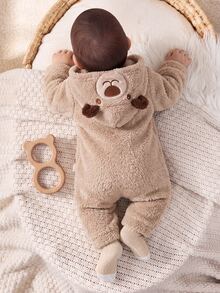 SHEIN Newborn Baby Fluffy Cute Cartoon Pattern Hooded One-Piece Long Pants - Khaki - View 2