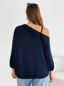 Shapeblank 大尺碼女款黑色鈕扣襯衫，秋季休閒正式辦公室上衣，春夏優雅露肩寬鬆百搭日常基礎上衣 - 藏蓝色 - 查看 2