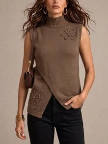 Wandoria Women's Autumn New Commute Vest Fashion Design Split Layering Coffee Color Embroidered Pullover Loose Knit Cardigan Daily Knit Top Single Piece Sweater - Coffee Brown - View 1