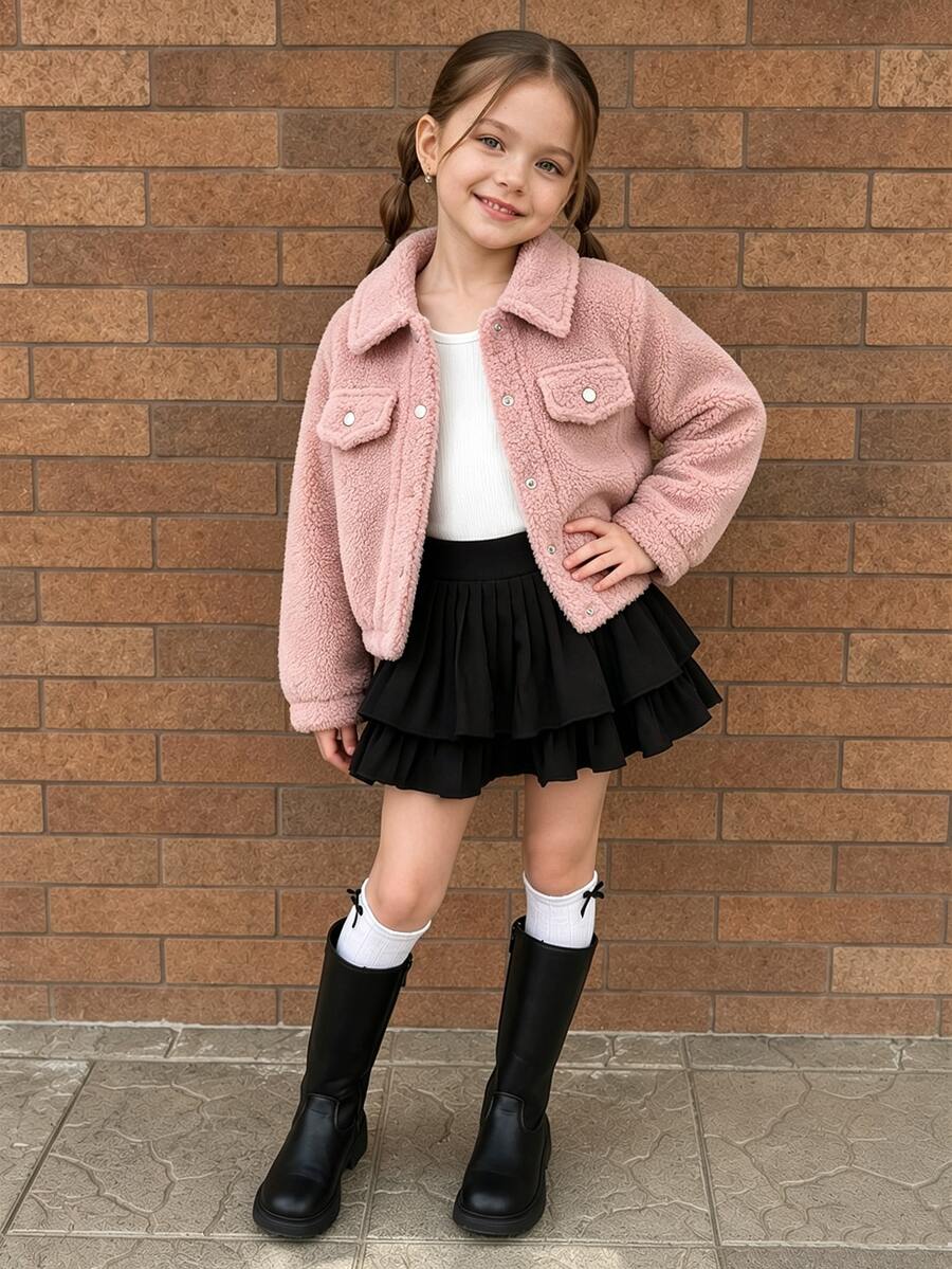 SHEIN Elladie kids 女童毛絨領長袖夾克，彈性下擺與袖口，秋冬保暖外套，時尚現代外出夾克