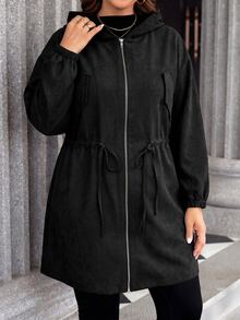 SHEIN LUNE 大尺碼純色連帽前開襟拉鍊休閒長袖夾克，秋季服飾，適合家庭度假與辦公室穿著，棕色 - 黑色 - 查看 3