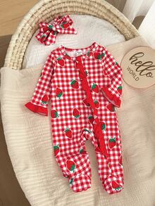 SHEIN Newborn Baby Cute Knitted Casual Cartoon Pattern Romper & Headband Set - Red and White - View 7