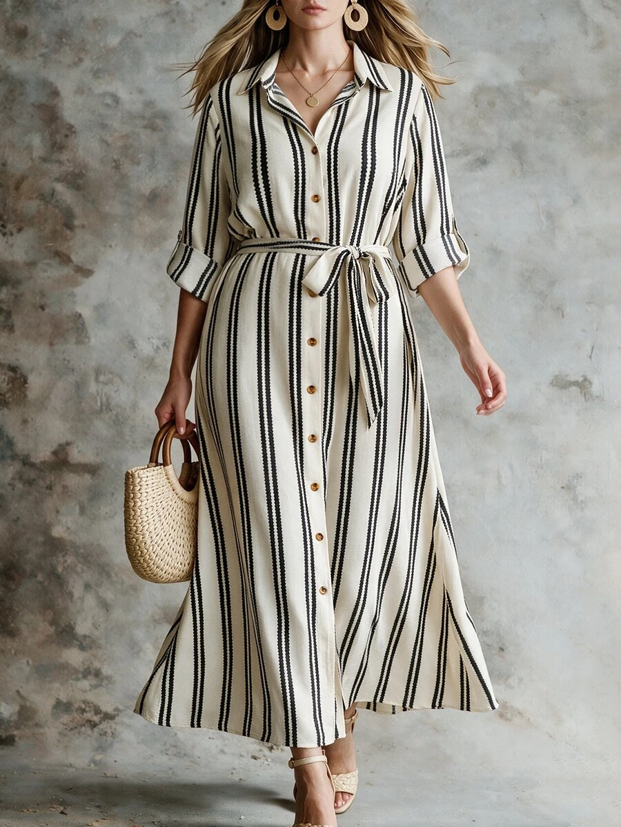 Linhara CURVE Plus Size Printed Striped Autumn/Winter Dress, Elegant Style, Belt Design, Suitable For Dating, Casual, Vacation, Street Style - Multicolor - View 1
