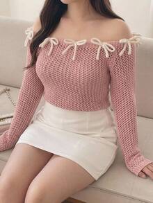 Dazy Plus Korean Style Bow Contrast Color Fitted Square Neck Long Sleeve Hollow Out Sexy Vacation Spring Autumn Thin Knit Sweater - Pink - View 2