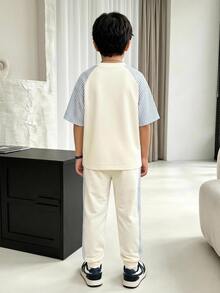 Young Boy Autumn New Kids Casual Minimalist Loose Comfortable Style Striped Print Crew Neck Short Sleeve Top And Long Pants 2 Pieces Knit Pullover Set - Multicolor - View 2
