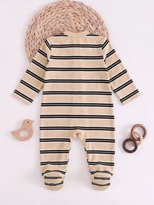 Newborn Baby Striped Knit Cartoon Bear Pattern Loungewear - Khaki - View 2