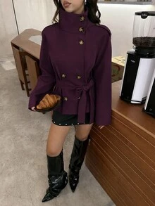Aloruh 卡其色收腰短款風衣大衣 女款，適合秋冬穿著 - 紫色 - 查看 12