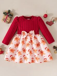 SHEIN Vintaside Kids 1件女嬰甜美紅粉色薑餅人蝴蝶結羅紋長袖泡泡袖圓領休閒冬季公主風舒適A字蓬蓬裙 - 酒紅色 - 查看 3