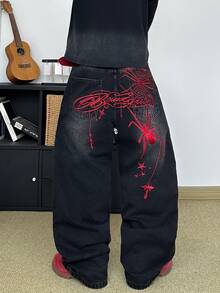 男士哥德風蜘蛛網刺繡寬鬆牛仔褲，黑色水洗寬腿街頭風丹寧長褲 - 黑色 - 查看 6