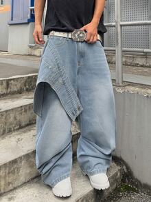 Streetwear Retro Fashion Versatile Distressed Washed Studded Patchwork Design Loose Straight Wide Leg Casual Denim Jeans (Belt And Accessories Not Included) - Light Wash - View 6