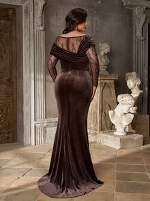 Aureia Plus Size Brown Lace Patchwork Elastic Velvet Mermaid Elegant Asymmetrical Shoulder Evening Gown - Coffee Brown - View 3