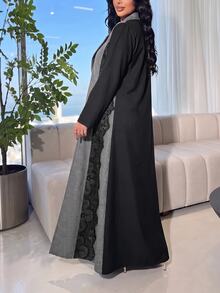Al Najma 大尺碼寬鬆雙色素色布料拼接襯衫，刺繡側邊飾邊設計，休閒春秋日常穿著 - 彩色 - 查看 2