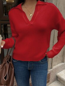 Autumina 女款素色V領寬鬆大碼針織套頭毛衣，長袖上衣，秋冬款 - 紅色 - 查看 6