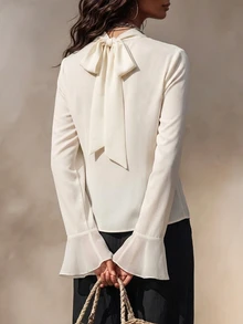 SHEIN Women's Solid Color Beige High Neck Ruched Asymmetric Triangle Hem Ruffle Back Tie Elegant Long Sleeve Blouse Chiffon Top Casual Party Commute Go Out - Apricot - View 2