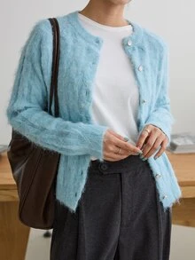 Dazy-Less Women's Blue Round Neck Button Cable Knit Long Sleeve Slim Fit Ribbed Cardigan, Autumn/Winter - Blue - View 4