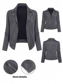 GlowEve CURVE Women's Plus Size Suede Lapel Zipper Front Casual Motorcycle Jacket - Grey - View 3