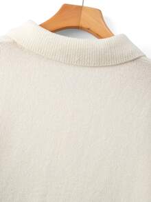 GlowEve CURVE Plus Size Women's Cream White Polo Collar Knit Sweater, Loose Soft Long Sleeve Base Layer, Half-Button Front With Pearl Floral Buttons, Commuter Slimming Flattering Solid Color Knit Top - White - View 4