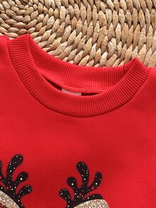 SHEIN 女嬰聖誕紅色鹿刺繡洋裝，甜美可愛蝴蝶結圓領長袖衛衣拼接格紋百褶裙，秋冬外套 - 紅色 - 查看 6