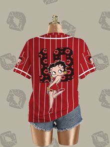 Betty Boop x SHEIN 女款字母條紋圓領短袖休閒T恤 秋季女裝運動衫 - 白色 - 查看 4