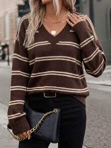 SHEIN LUNE Women's Casual V-Neck Striped Brown Colorblock Knit Sweater, Suitable For Autumn/Winter - Multicolor - View 4
