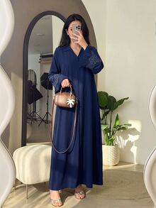 Al Najma Women's V-Neck Button Decor Rhinestone Trim Patchwork Pleated Petal Sleeve Full Skirt Arabic Style Dress Royal Blue Fall/Winter - Navy Blue - View 6