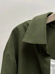 INAWLY Áo sơ mi nữ cổ bẻ tay bo thiết kế phân tầng phong cách thường ngày - xanh quân đội - Xem 3