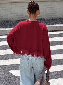 Muchica 女款蕾絲拼接休閒百搭日常穿著T恤，純棉蕾絲立領不對稱下擺修身優雅Y2K夏季白色T恤 - 酒紅色 - 查看 2