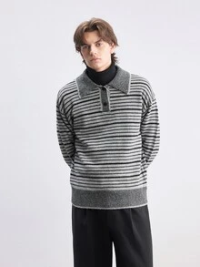 RONVEXI 男士 Polo 領長袖套頭毛衣，休閒條紋針織秋冬服飾，灰黑條紋寬鬆通勤穿搭，慵懶對比色橫條紋套頭毛衣 - 彩色 - 查看 3