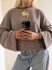 SHEIN EZwear 海外長袖草莓巧克力千鳥格 T 恤，秋季上衣，適合日常通勤、聚會、秋冬/夏季、聖誕節、新年、感恩節、派對、婚禮、海灘、畢業典禮、優雅、外出、約會、通勤、情人節、優雅、度假、Y2K、畢業典禮及其他場合 - 彩色 - 查看 1