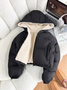 SHEIN 青少年女孩冬季新款黑色保暖內裡連帽短版羽絨外套 - 黑色 - 查看 5