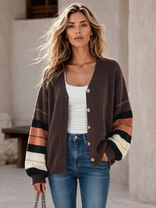 Faunlyn Women's Autumn/Winter Striped Drop Shoulder Long Sleeve Casual Knit Cardigan - Brown - View 4