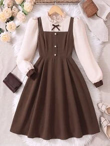 Teen Girls Elegant Woven Long Sleeve Collared Shirt Casual 2 In 1 Patchwork Dress - Brown - View 5