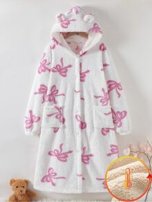 Jubah Berkerudung Mewah Musim Gugur/Dingin untuk Remaja Perempuan, Desain Tudung Telinga yang Lucu, Motif Pita Kartun, Gaya Perempuan Penuh, Jubah Santai Panjang Mewah yang Nyaman untuk di Rumah, Pakaian Sehari-hari Santai, Tidur Siang, Kamar Mandi, Serbaguna, Pakaian Luar Rumah Gaya Perempuan Lembut yang Serbaguna - Putih - View 4