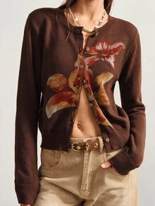 Bohemela Casual Crew Neck Single-Breasted Long Sleeve Floral Pattern Women's Cardigan - Coffee Brown - View 5