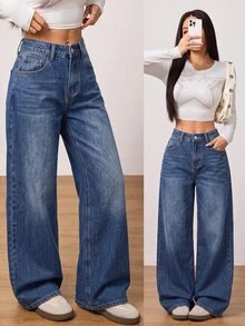 SHEIN PETITE Winter Spring Women's Casual Vacation Washed Vintage Wide Beige Washed Denim Leg Jeans ,Petite Women - Dark Wash - View 4