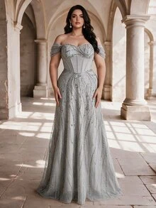 Coutiva Plus Size Women's Rhinestone & Sequin Design Off-Shoulder Elegant Formal Evening Gown (Heavy Embellished Style) - Grey - View 4