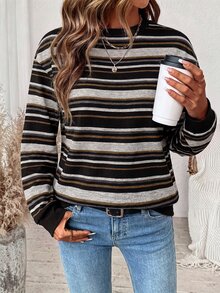 SHEIN LUNE Women's Round Neck Striped Contrast Color Long Sleeve Sweatshirt Suitable For Autumn/Winter - White - View 7